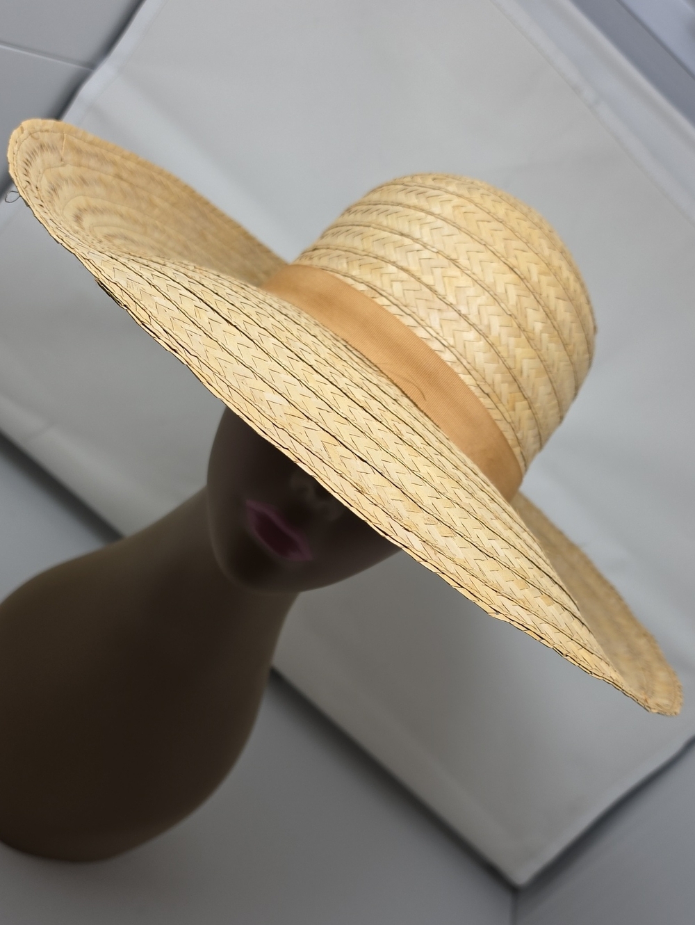 Vintage Wide Natural Straw Sun Hat with Tan Band
